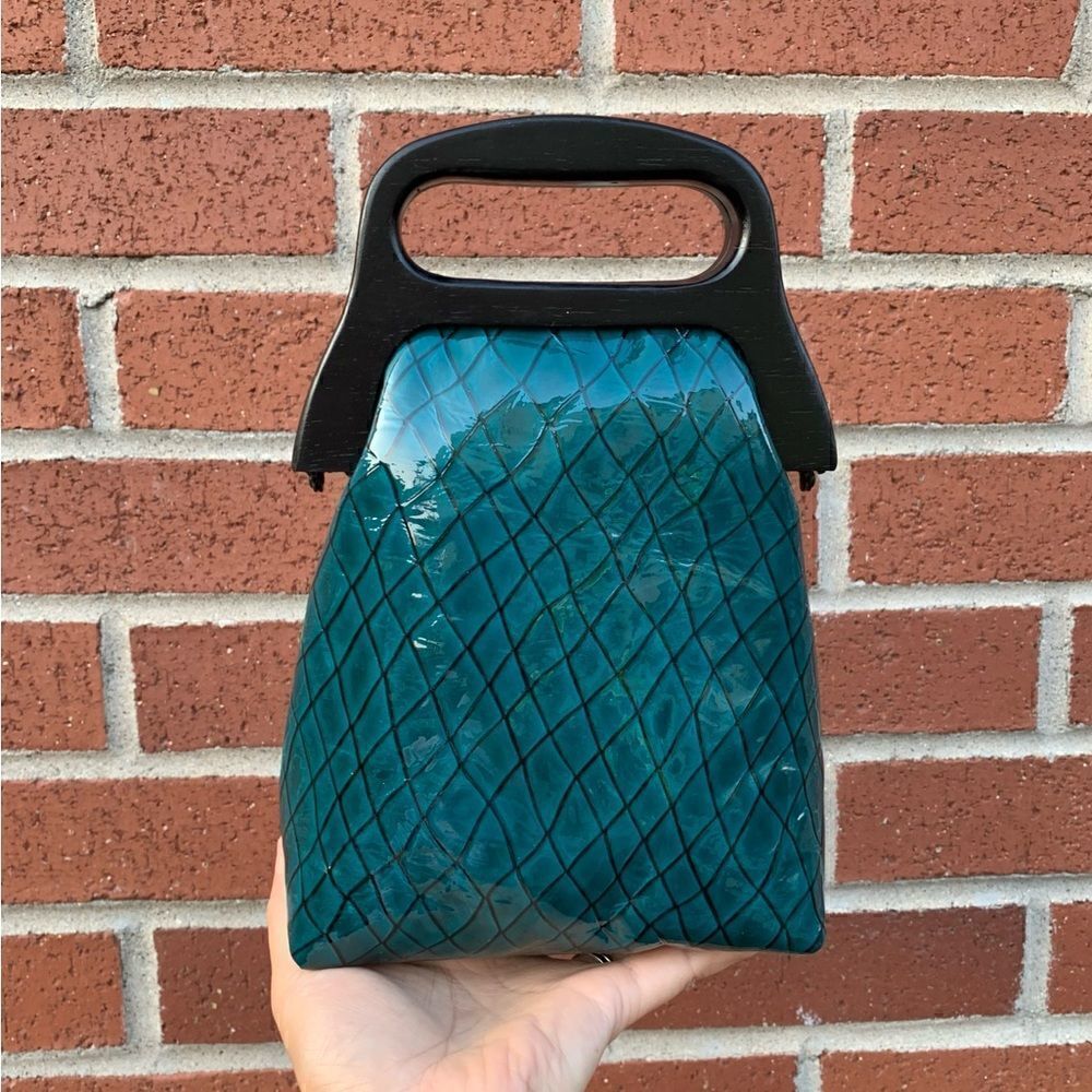 Handmade Genuine Patent Leather Check Print Wooden Frame Pouch/Crossbody